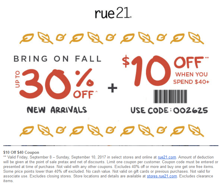 Rue21 Coupon April 2024 $10 off $40 & more today at rue21, or online via promo code 002625