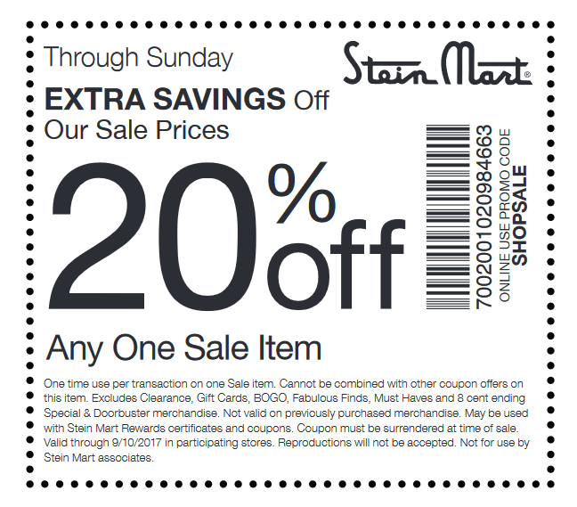 Stein Mart Coupon March 2024 Extra 20% off a sale item today at Stein Mart, or online via promo code SHOPSALE