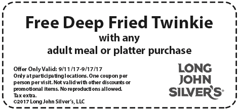 Long John Silvers Coupon April 2024 Free deep fried twinkie with your meal at Long John Silvers