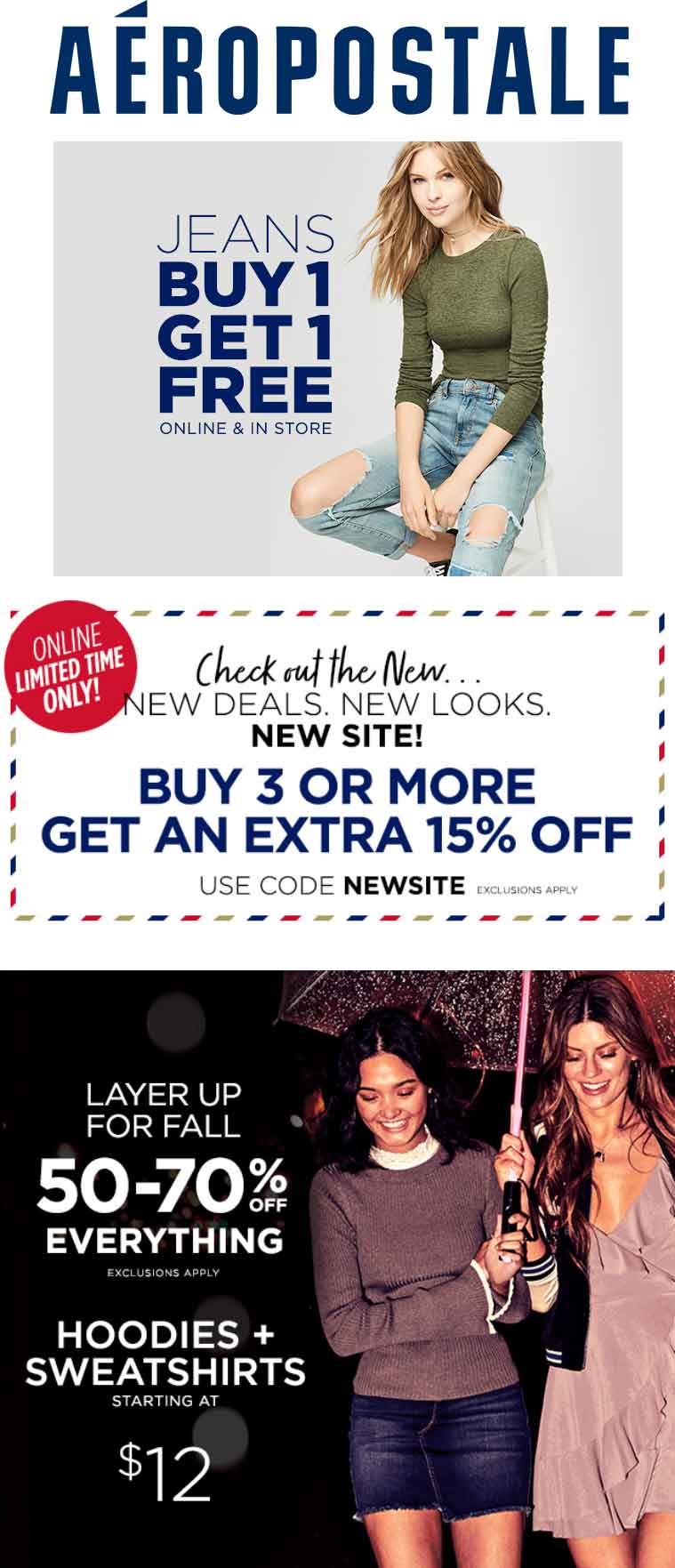 Aeropostale Coupon April 2024 Second jeans free at Aeropostale, ditto online + 15% off 3 items via promo code NEWSITE