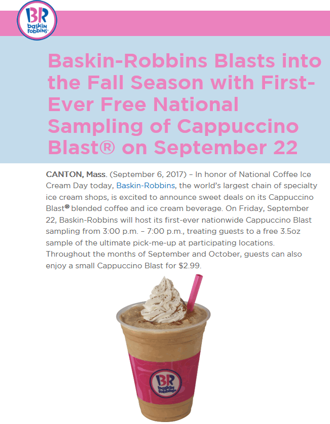 Baskin Robbins Coupon April 2024 Free cappuccino blast the 22nd at Baskin Robbins