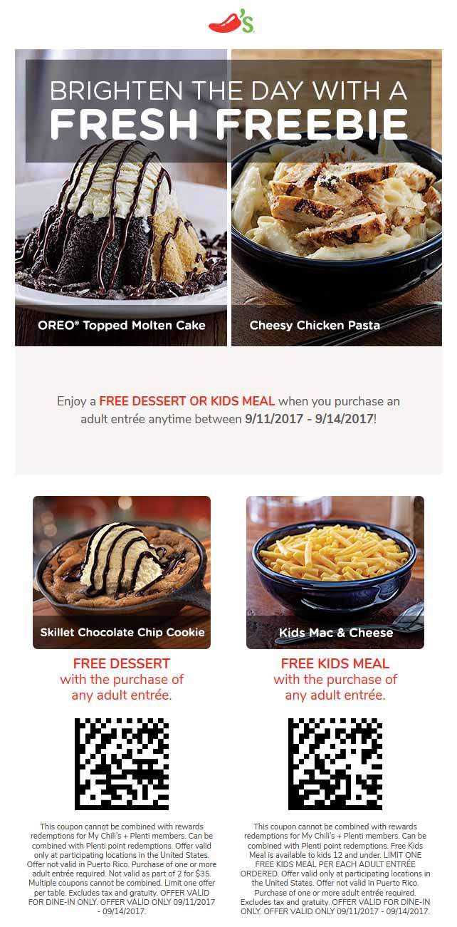 Chilis Coupon April 2024 Free dessert or kids meal with your entee at Chilis