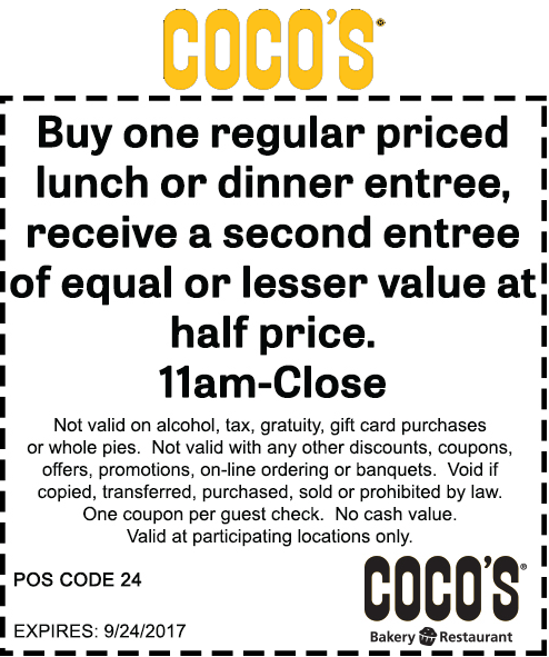 Cocos Coupon April 2024 Second entree 50% off at Cocos bakery restaurant