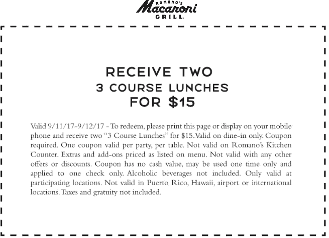 Macaroni Grill Coupon April 2024 Two 3 course lunches = $15 at Macaroni Grill