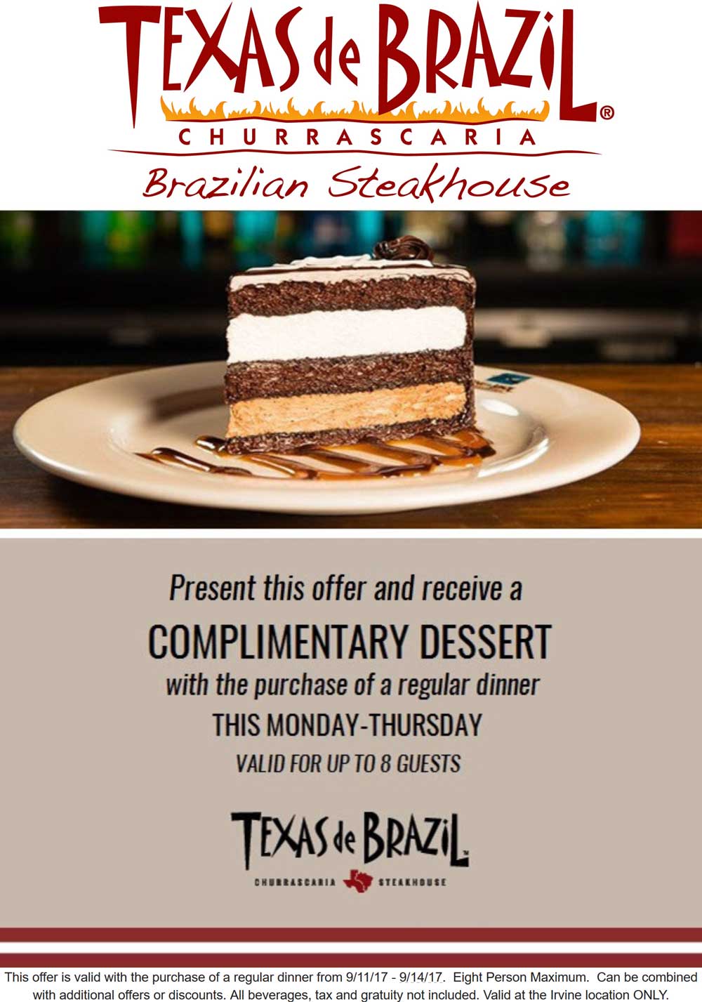 Texas de Brazil Coupon April 2024 Free dessert with your dinner at Texas de Brazil