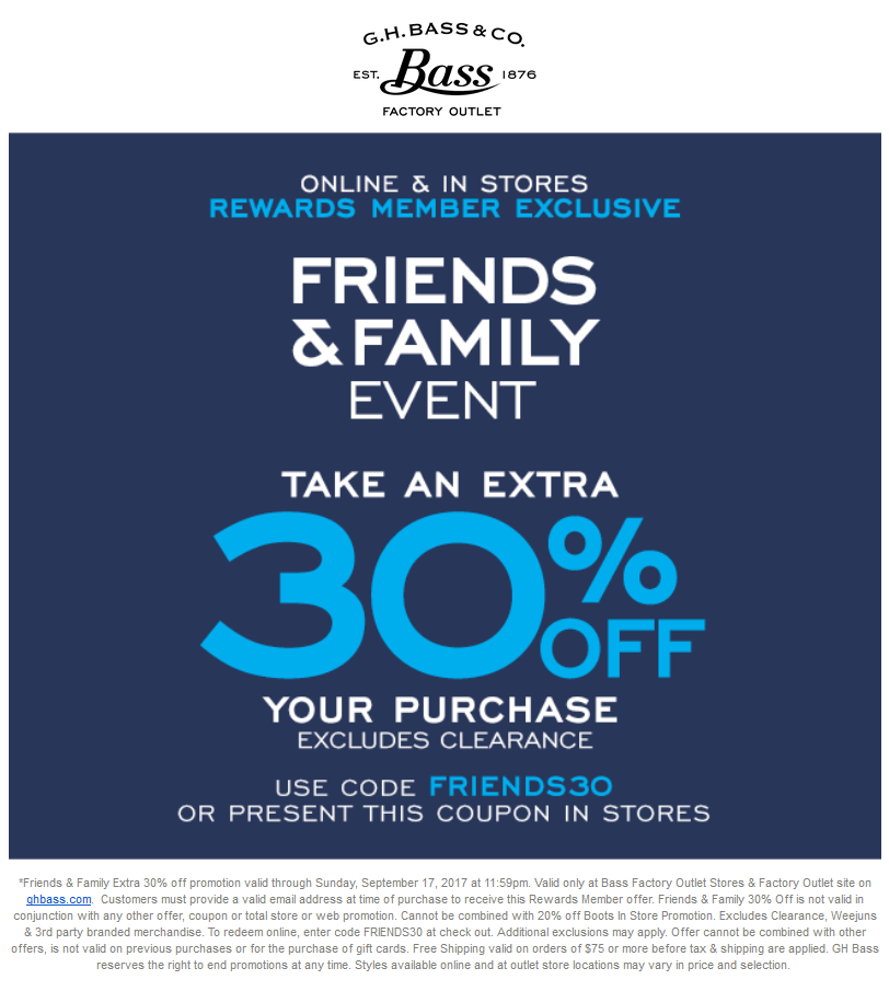 Bass Factory Outlet Coupon April 2024 Extra 30% off at Bass Factory Outlet, or online via promo code FRIENDS30