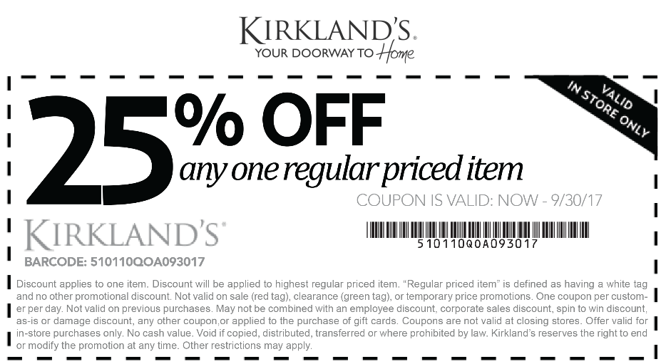 Kirklands Coupon April 2024 25% off a single item at Kirklands