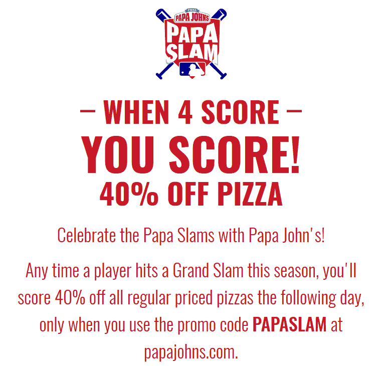 Papa Johns Coupon April 2024 40% off today at Papa Johns via promo code PAPASLAM