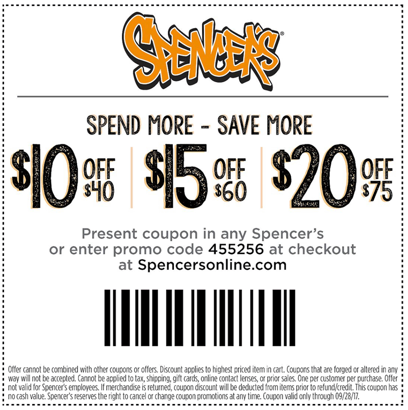 Spencers Coupon April 2024 $10 off $40 & more at Spencers, or online via promo code 455256