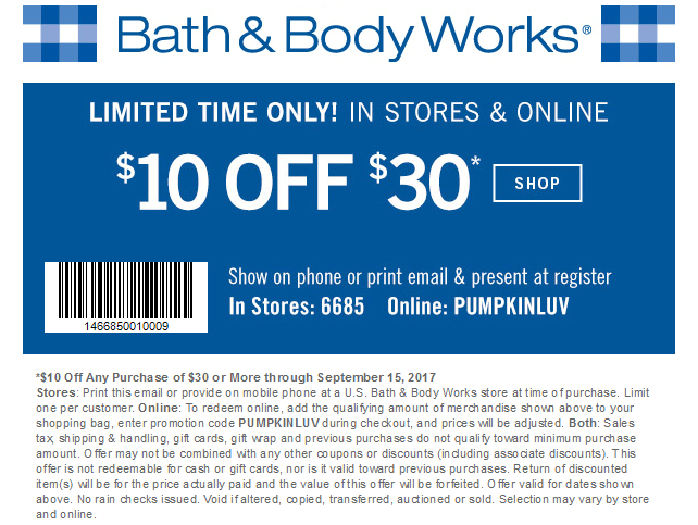 Bath & Body Works Coupon March 2024 $10 off $30 today at Bath & Body Works, or online via promo code PUMPKINLUV