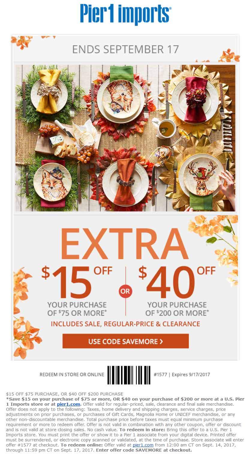 Pier 1 Coupon April 2024 $15 off $75 & more at Pier 1 Imports, or online via promo code SAVEMORE