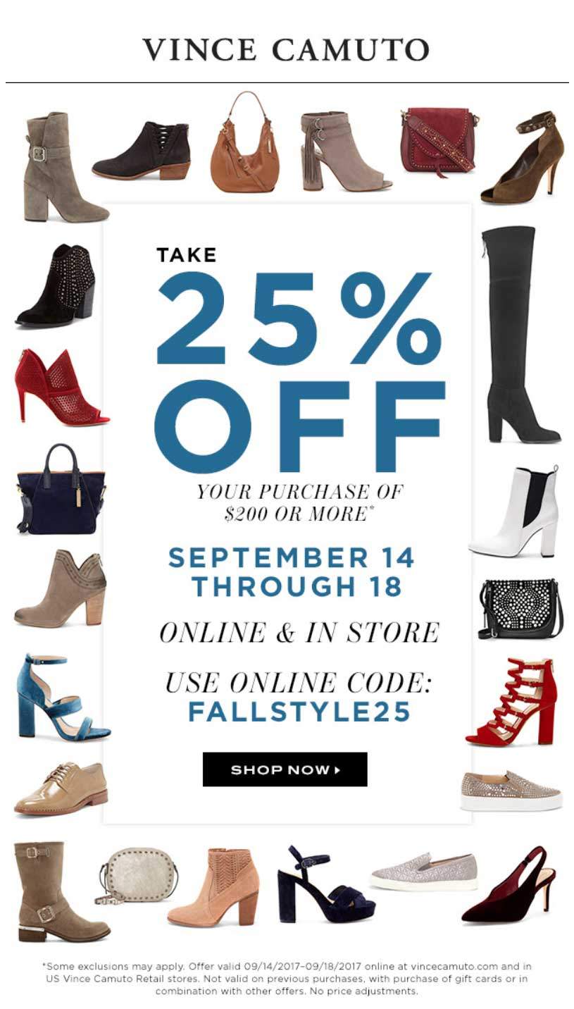 Vince Camuto Coupon April 2024 25% off $200 at Vince Camuto, or online via promo code FALLSTYLE25