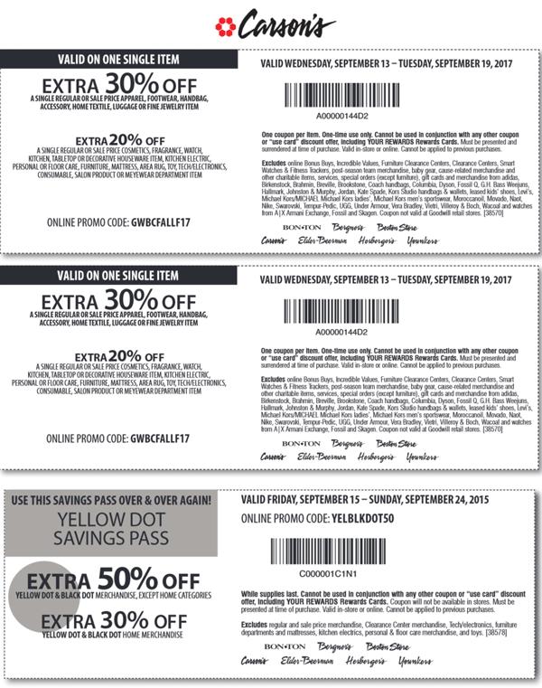 Carsons Coupon April 2024 Extra 30% off a single item & more at Carsons, Bon Ton & sister stores, or online via promo code GWBCFALLF17
