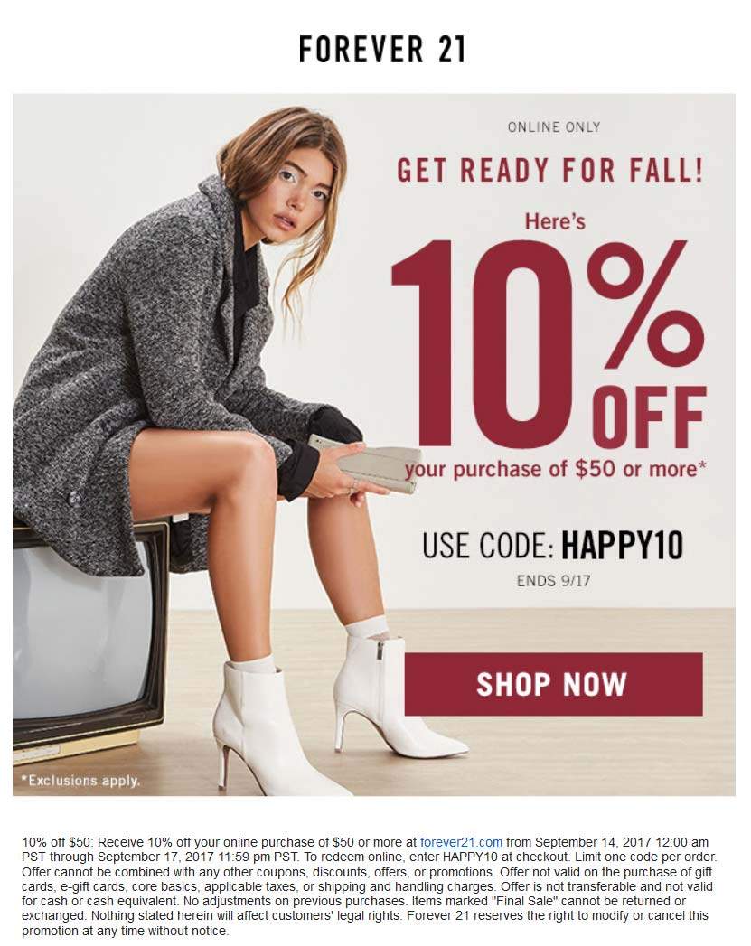 Forever 21 Coupon April 2024 10% off $50 online at Forever 21 via promo code HAPPY10