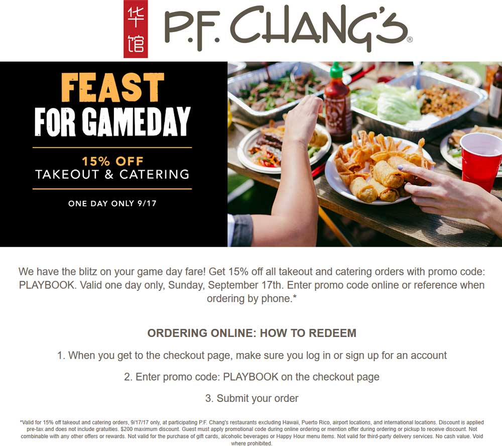 P.F. Changs Coupon April 2024 15% off takeout today at P.F. Changs restaurant via promo code PLAYBOOK