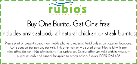 Rubios Coupon April 2024 Second burrito free at Rubios grill