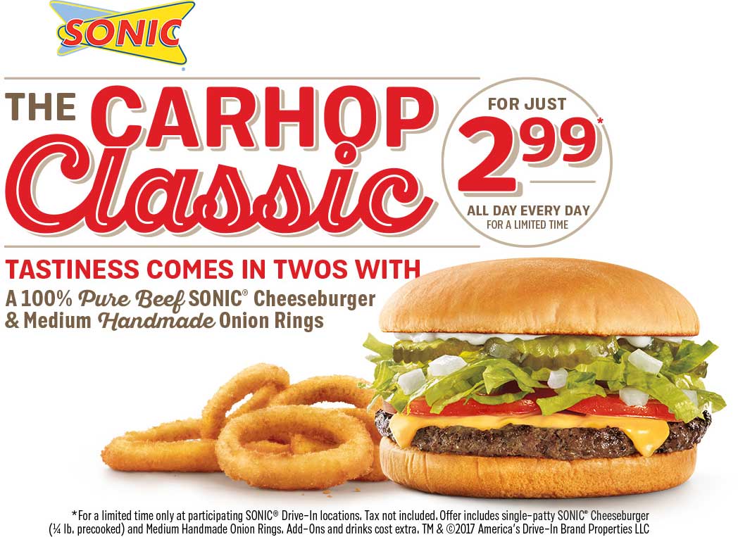Sonic Drive-In Coupon April 2024 Cheeseburger + medium onion rings = $3 at Sonic Drive-In