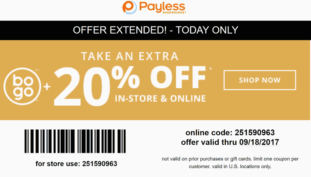 Payless Shoesource Coupon April 2024 20% off today at Payless Shoesource, or online via promo code 251590963