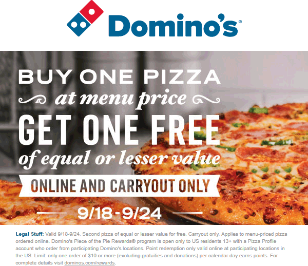 Dominos Coupon April 2024 Second pizza free at Dominos