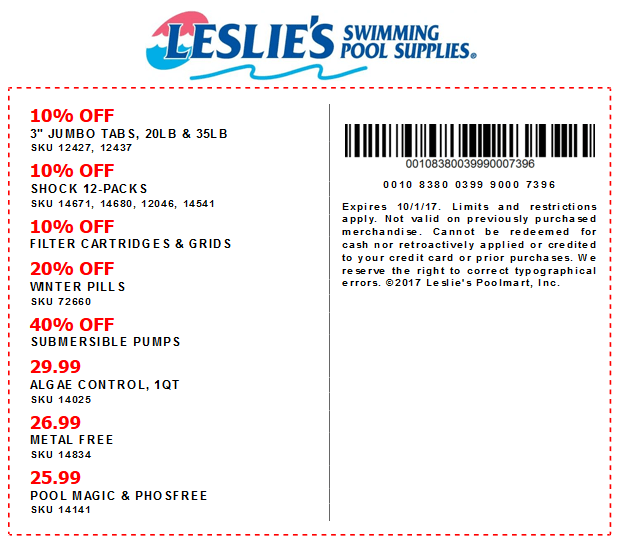 Leslies Pool Supplies Coupon April 2024 10% off chlorine tabs & more at Leslies Pool supplies