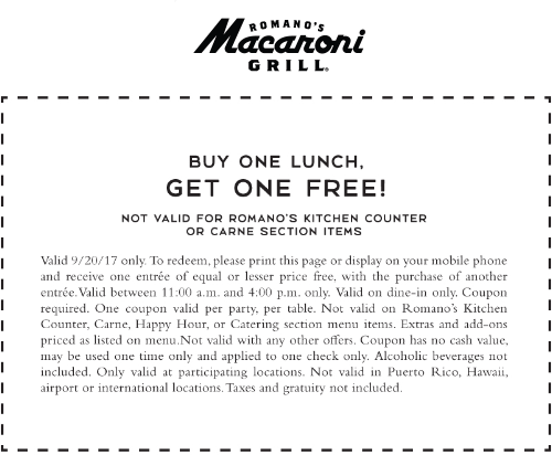 Macaroni Grill Coupon March 2024 Second lunch free today at Macaroni Grill
