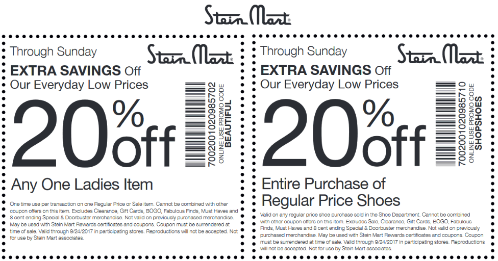 Stein Mart Coupon April 2024 20% off a single item & more at Stein Mart, or online via promo code BEAUTIFUL