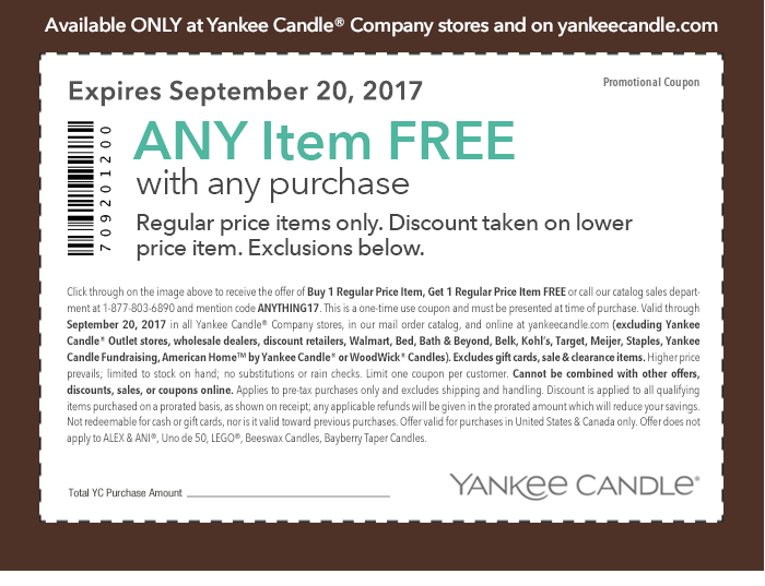 Yankee Candle Coupon April 2024 Any item free with any purchase today at Yankee Candle, or online via promo code ANYTHING17