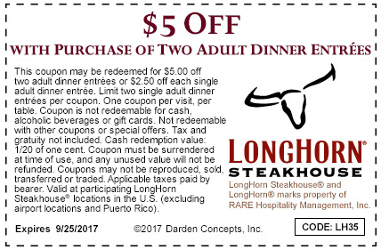 Longhorn Steakhouse Coupon April 2024 $5 off a couple dinner entrees at Longhorn Steakhouse