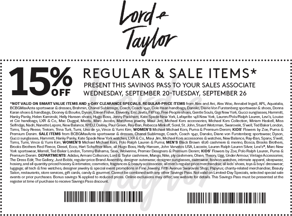 Lord & Taylor Coupon April 2024 15% off at Lord & Taylor, or online via promo code FASHION