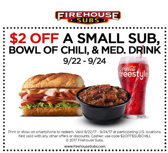 Firehouse Subs Coupon April 2024 $2 off a meal at Firehouse Subs