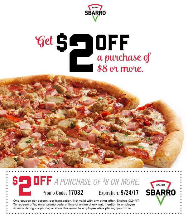 Sbarro Coupon April 2024 $2 off $8 at Sbarro pizza