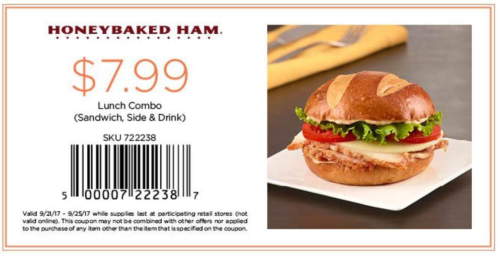 HoneyBaked Coupon April 2024 $8 lunch combo meal at Honeybaked Ham