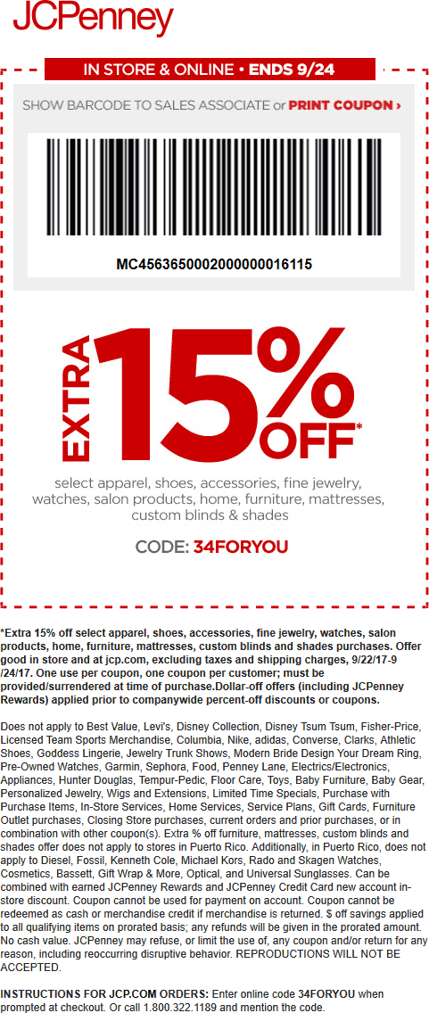 JCPenney Coupon April 2024 Extra 15% off at JCPenney, or online via promo code 34FORYOU