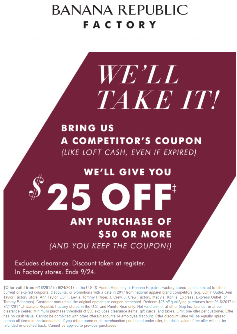 Banana Republic Factory Coupon March 2024 $25 off $50 today at Banana Republic Factory