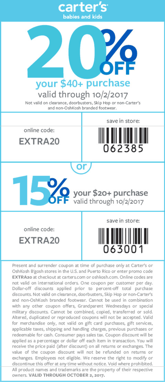 Carters Coupon April 2024 15-20% off at Carters, or online via promo code EXTRA20