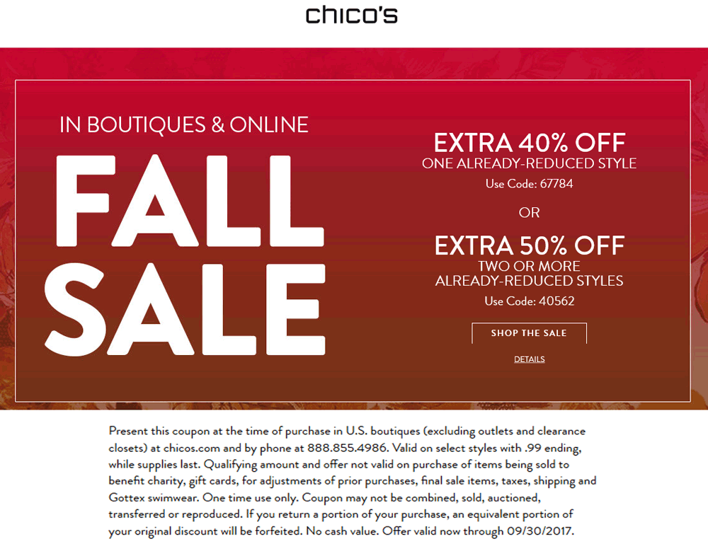 Chicos Coupon April 2024 Extra 40-50% off sale items at Chicos, or online via promo code 67784