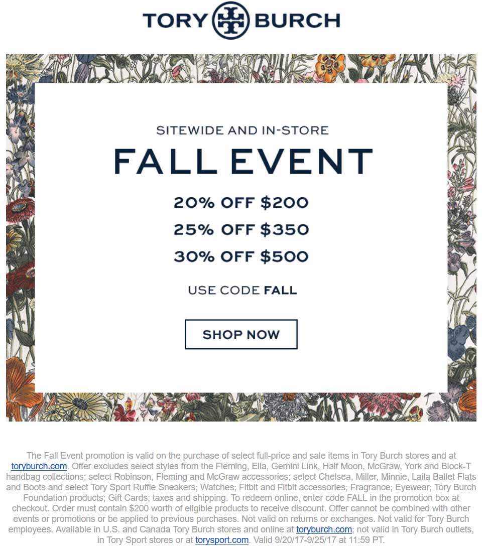 Tory Burch Coupon March 2024 20-30% off $200+ at Tory Burch, or online via promo code FALL