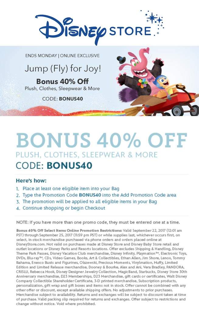 Disney Store Coupon April 2024 40% off online today at Disney Store via promo code BONUS40