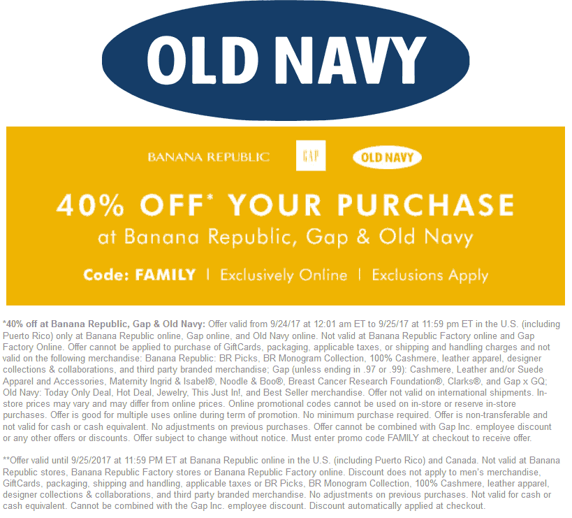 Old Navy Coupon April 2024 40% off online today at Old Navy, Gap & Banana Republic via promo code FAMILY