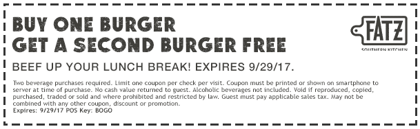 Fatz Coupon April 2024 Second burger free at Fatz restaurants