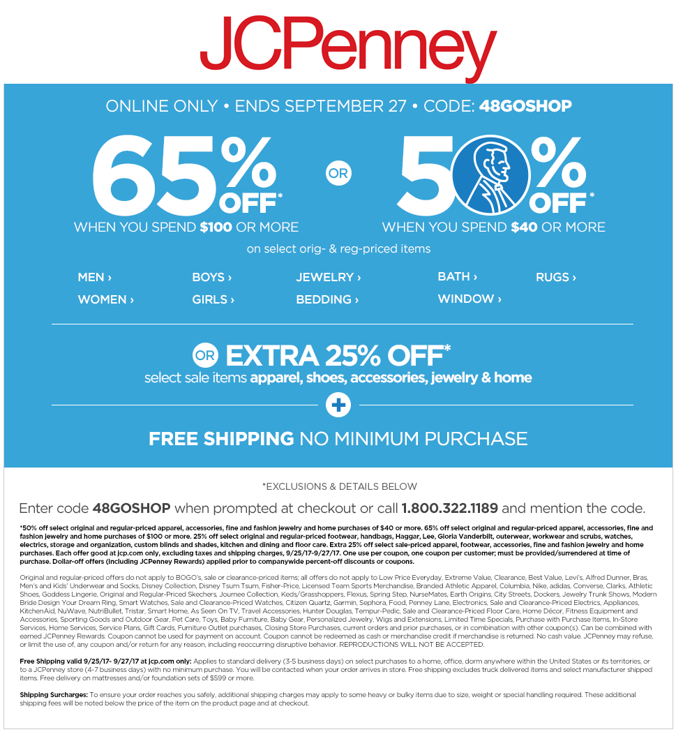 JCPenney Coupon April 2024 65% off $100 & more online at JCPenney via promo code 48GOSHOP