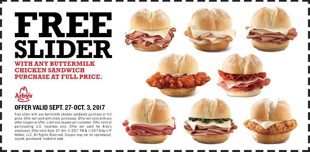 Arbys Coupon April 2024 Free slider with your chicken sandwich at Arbys