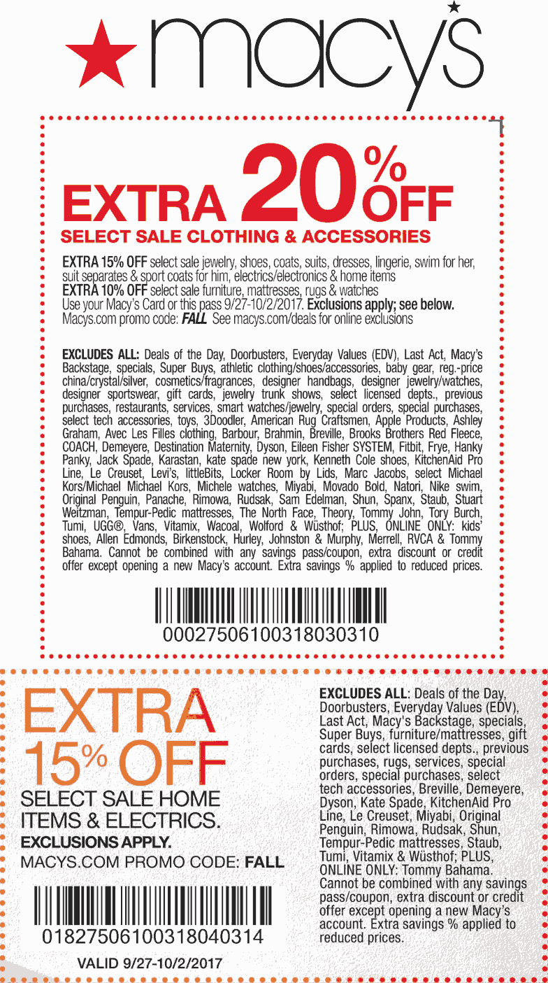 Macys Coupon May 2024 Extra 20% off sale clothing & more at Macys, or online via promo code FALL