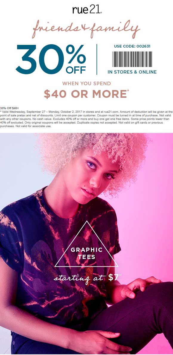 Rue21 Coupon April 2024 30% off $40 at rue21, or online via promo code 002631