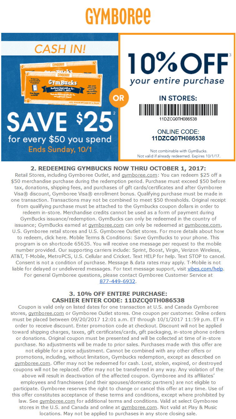 Gymboree Coupon April 2024 10% off & more at Gymboree, or online via promo code 11DZCQ0TH086538