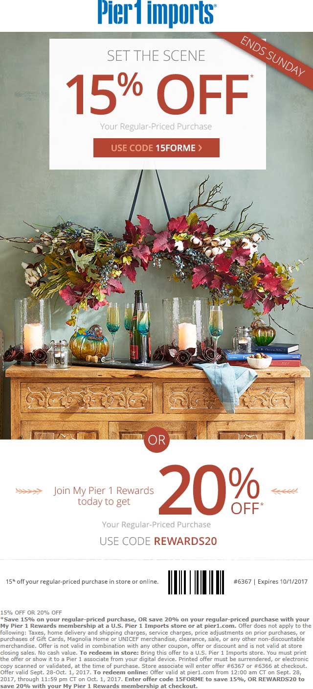 Pier 1 Coupon April 2024 15% off at Pier 1 Imports, or online via promo code 15FORME