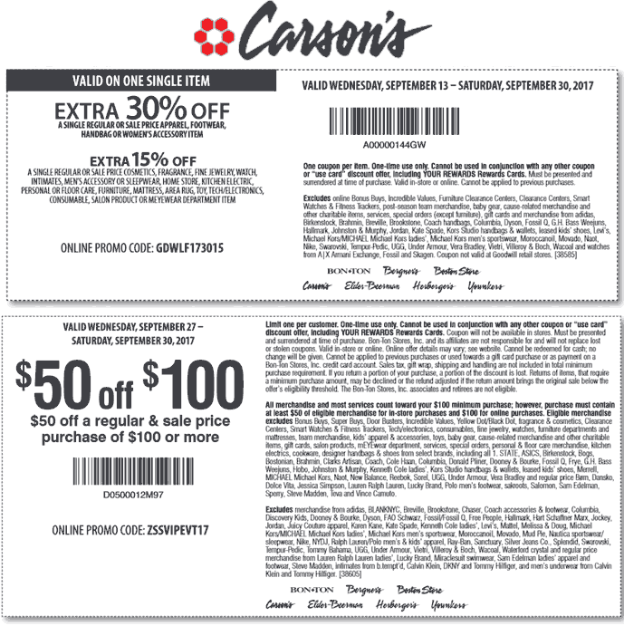 Carsons Coupon April 2024 Extra 30% off a single item & more today at Carsons, Bon Ton & sister stores, or online via promo code GDWLF173015