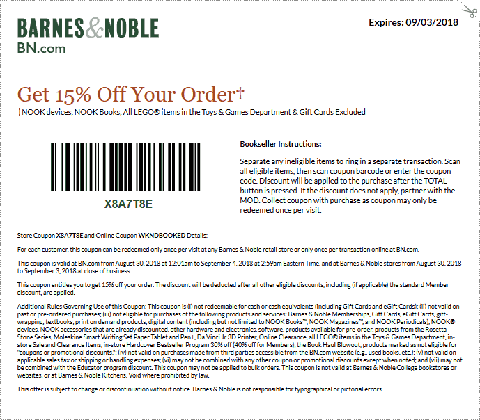Barnes & Noble Coupon April 2024 15% off at Barnes & Noble, or online via promo code WKNDBOOKED