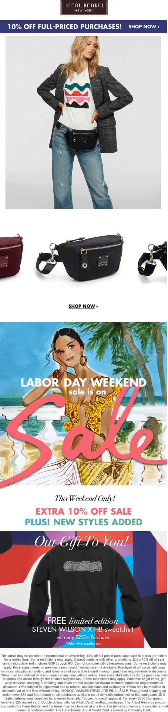 Henri Bendel Coupon April 2024 Extra 10% off sale items + free sweatshirt with $250 spent at Henri Bendel, ditto online