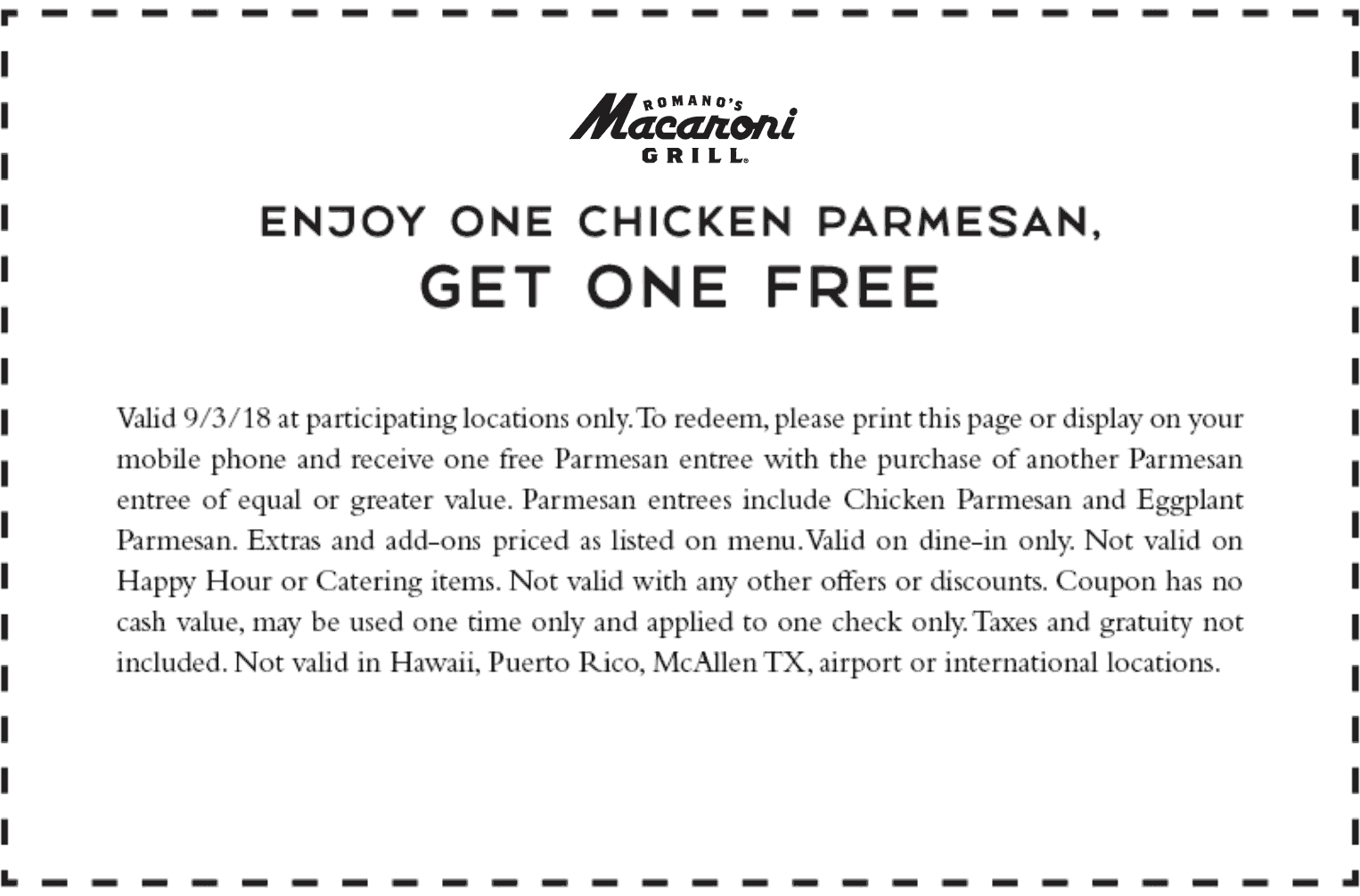 Macaroni Grill Coupon April 2024 Second chicken parmesan free today at Macaroni Grill